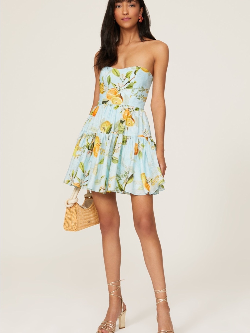 Monique Lhuillier Strapless Sky Blue Lemon-Print Mini Dress